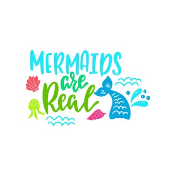 Mermaid cartoon vector illustration. Summer inspirational lettering phrase.