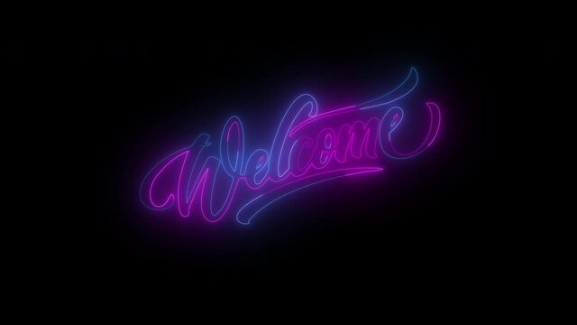 Welcome neon sign fluorescent light glowing on black background. Text welcome by neon lights. The best stock of animation neon flickering, flash and blinks color black background. Typography design
