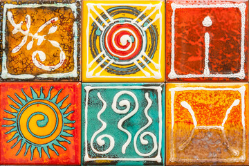 Colorful background with various designs. Italian colored tiles handmade in Vietri, Amalfi coast,...