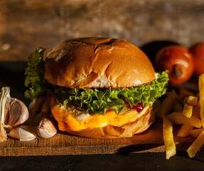 hamburger on wooden background