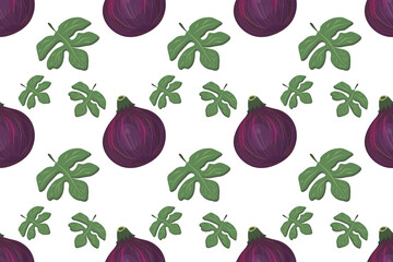 Seamless pattern with figs and fig leaves on a white background. For paper, covers, fabrics, gift wrapping, interior decoration. Simple design template for surface.