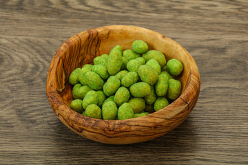 Spicy wasabi peanuts in the bowl