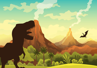 Prehistoric landscape - volcano with smoke, mountains, dinosaurs and green vegetation. Vector illustration of beautiful prehistoric landscape and dinosaurs © the8monkey