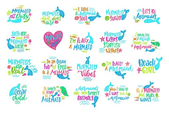 Set of mermaid cartoon vector illustrations. Summer inspirational lettering phrases.