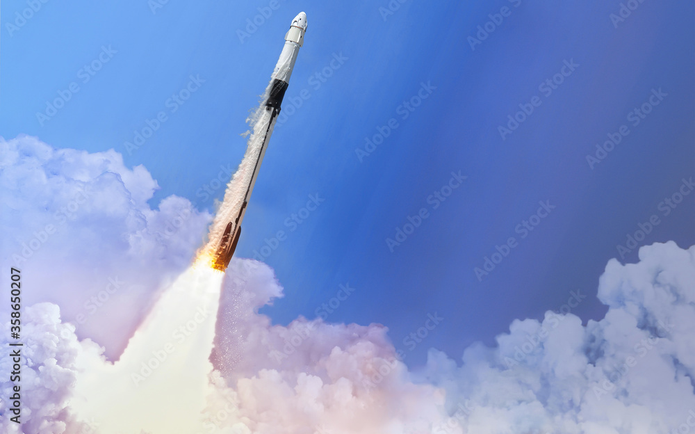 Poster Launch of rocket in the space. Spaceship in the sky. Take off from Earth to ISS station. Elements of this image furnished by NASA