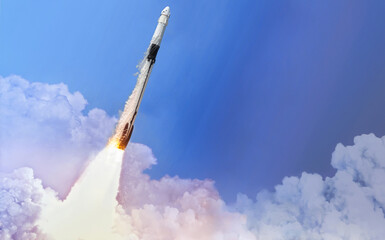 Launch of rocket in the space. Spaceship in the sky. Take off from Earth to ISS station. Elements...