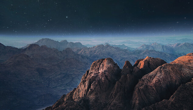 Nightly landscape of mountains and stars. Space view. Wallpaper of nature at night.