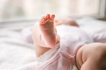Naklejka premium Baby feet. Baby care, motherhood