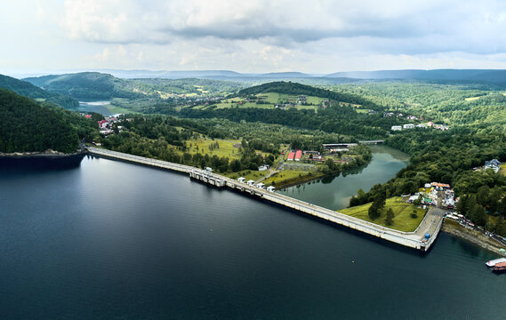 Aerial View Over Lake Solina Including The Solina Dam. Hydroelectric Power Plant In Solina Of Lesko County In The Bieszczady Mountains Area Of South-eastern Poland.