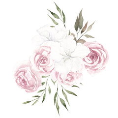 Watercolor illustration with white and pink flowers, isolated on white background