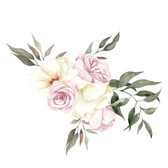 Watercolor illustration with white and pink flowers, isolated on white background