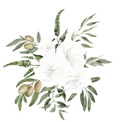 Watercolor bouquet with flowers, olives and leaves, isolated on white background