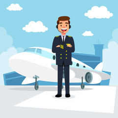 Profession pilot aircraft man uniform standing front plane vector illustration © Fadriapr