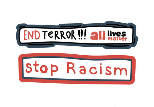 stickers against racism and oppression with calls to end the terror