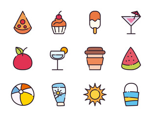 Summer fill and line style icon set vector design
