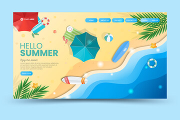Hello summer landing page template with beach background