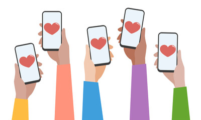 Social network communication with mobile app.Vector illustration of hands holding mobile phones with heart icons.
