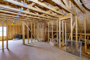 Unfinished roofing of house residential of roof on stick built under home beam construction