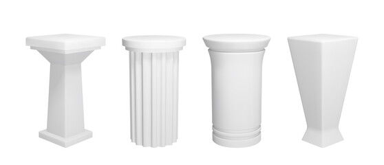 Realistic exhibition product stand. White vector square pedestal mockup.