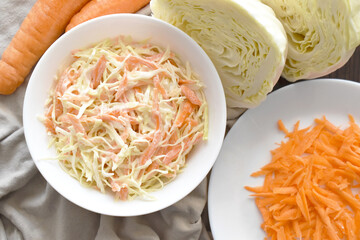 Coleslaw salad with cabbage and carrot.  Healthy and dietary food concept. 