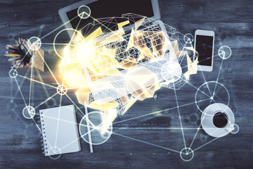 Multi exposure of brain sketch hologram over topview work table background with computer. Concept of big data.