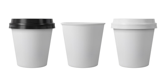 Paper coffee cups with black and white lids. Open and closed small paper cup. Realistic vector mockup.