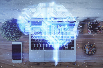 Multi exposure of brain sketch hologram over topview work table background with computer. Concept...