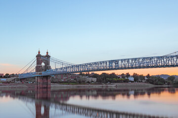 John A. Roebling Bridge during sunrise in Cincinnati.