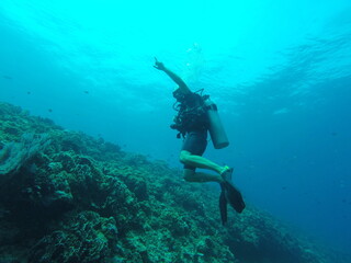 Fototapeta na wymiar Plongeur sous marin pointant du doigt aux îles Gili, Indonésie 