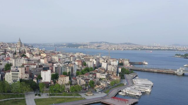 Aerial view Galata Tower and Golden Horn. 4K Footage in Turkey