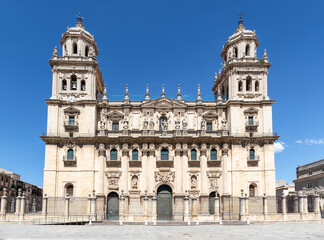 Fototapeta na wymiar The historic cathedral in Jaen, Spain. View of main facade of Saint Mary square (plaza de Santa Maria)
