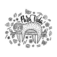Cartoon sloth bear hanging on a branch with tropical elements. Inspirational quote - Pura Vida
