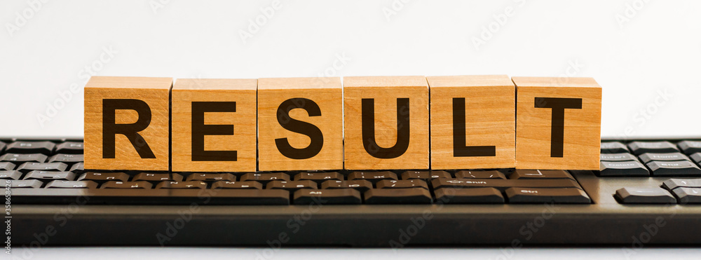 Poster result word made with building blocks. a row of wooden cubes with a word written in black font is lo