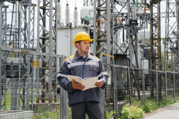 The energy engineer inspects the equipment of the substation. Power engineering. Industry