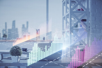 Fototapeta premium Double exposure of stock market graph drawing and office interior background. Concept of financial analysis.