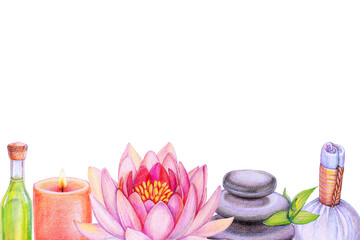 Colored pencils illustration with lotus, hot stones, candle, essential oil, thai ball. Flat lay clipart with massage accessories. Spa salon background. Body care and treatment concept