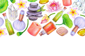 Colored pencils frame with lotus, plumeria, hot stones, candle, essential oil, thai ball. Flat lay background with massage accessories. Body care and treatment concept