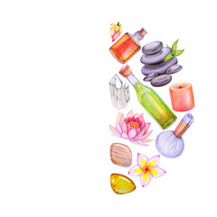 Colored pencils semicircle frame with lotus, plumeria, hot stones, candle, essential oil, thai ball. Flat lay spa design with massage accessories. Body care and treatment concept