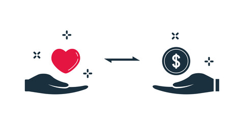Hands exchanging a heart and money vector