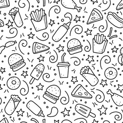 Hand drawn seamless pattern with fast food elements, burger, pizza, sandwich, hamburger, snack. Doodle sketch style. Fast food element for background, menu, wallpaper design. Vector illustration.