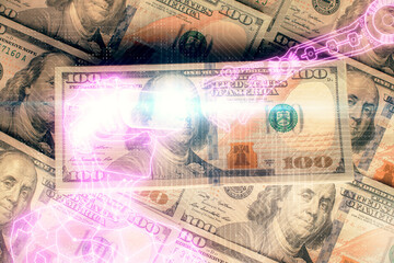 Double exposure of man wearing VR glasses drawing over usa dollars bill background. Concept of virtual reality.
