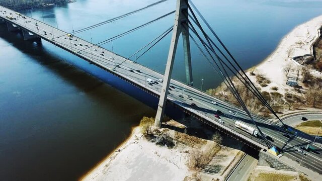 North  (ex Moscow) bridge acros Dnipro river in Kyiv, Ukraine, Aerial shot from drone