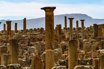 Architecture of Timgad, a Roman-Berber city in the Aures Mountains of Algeria. (Colonia Marciana...