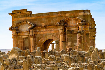 Ruins of Timgad, a Roman-Berber city in the Aures Mountains of Algeria. (Colonia Marciana Ulpia...