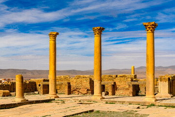 Columns of Timgad, a Roman-Berber city in the Aures Mountains of Algeria. (Colonia Marciana Ulpia Traiana Thamugadi). UNESCO World Heritage Site