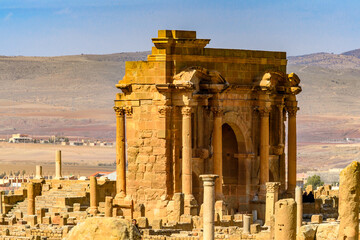 Ruins of Timgad, a Roman-Berber city in the Aures Mountains of Algeria. (Colonia Marciana Ulpia...