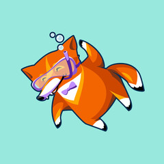 Cute fox swim underwater with a swimming mask
