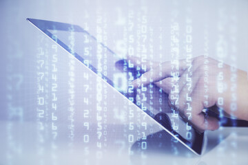 Multi exposure of man's hand holding and using a digital device and data theme drawing. Innovation concept.