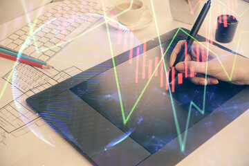 Double exposure of financial graph sketch hologram and woman holding and using a mobile device. Stock exchange concept.