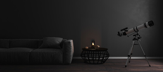 Telescope near window in stylish dark luxury room interior background with fray sofa, mock up, astronomy concept, 3d rendering  © Oleksandr